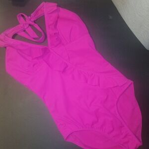 Assets‎ Red Hot Label Women's Ruffle Halter Neck One Piece Swimsuit Pink small